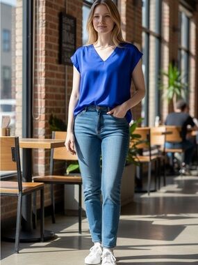 Express V-Neck Cap Sleeve Blouse in Royal Blue